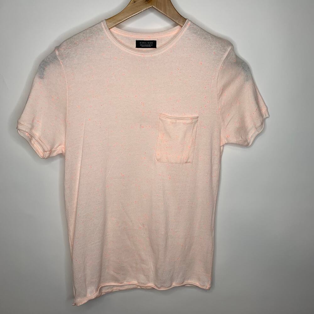 Zara Man Pale Neon Orange Speckled T Shirt Sz Medium Pocket Tee